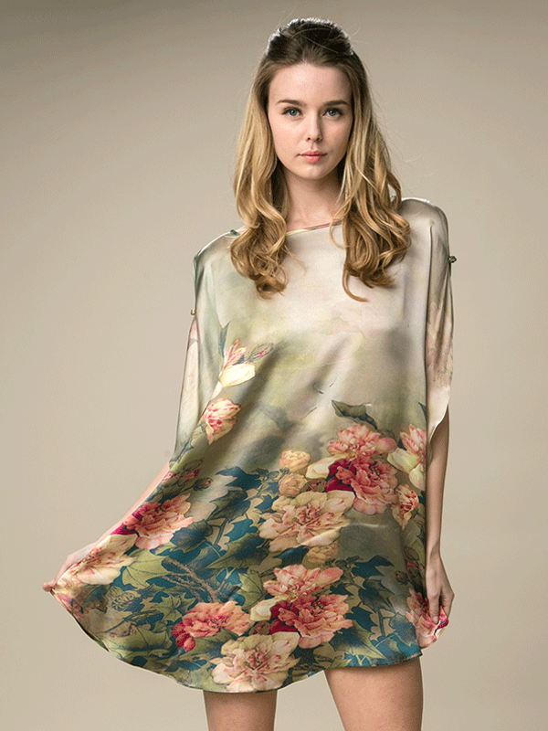19 Momme Blooming Pond Printed Loose Silk Nightgown-Real Silk Life