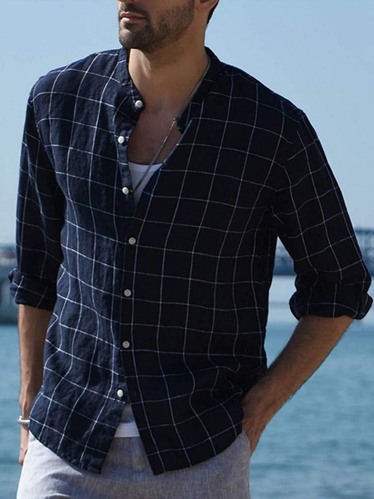 Men's summer season short-sleeved stand-up collar casual linen shirt