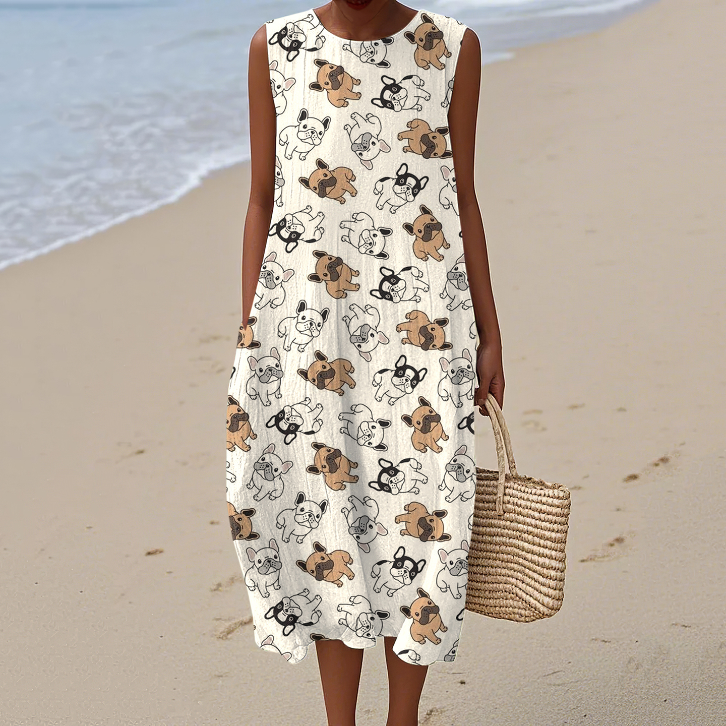 Retro French Bulldog Art Linen Tank Midi Dress wearshes