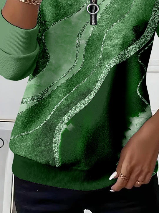 Women Long Sleeve Scoop Neck Striped Colorblock Printed Graphic Zipper Tops