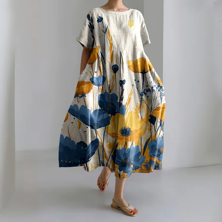 Simpfit Maxikleid aus Nachahmung aus Nachahmung aus Baumwolle und Leinen mit Blumenmuster und ukrainischem Dreizack