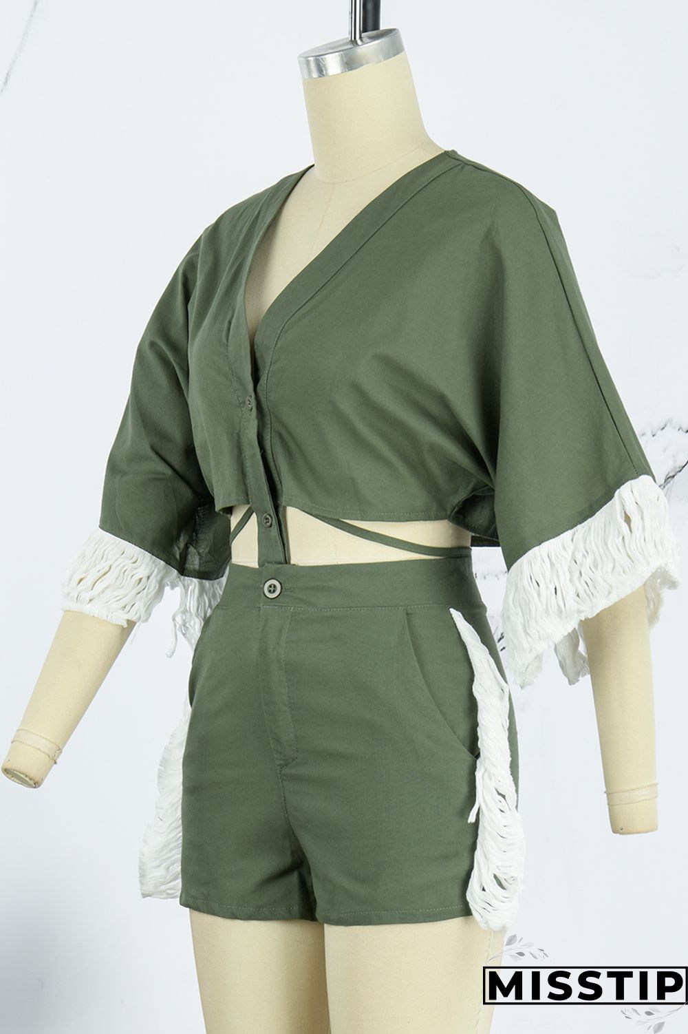 Ink Green Casual Solid Tassel Patchwork V Neck Half Sleeve Two Pieces