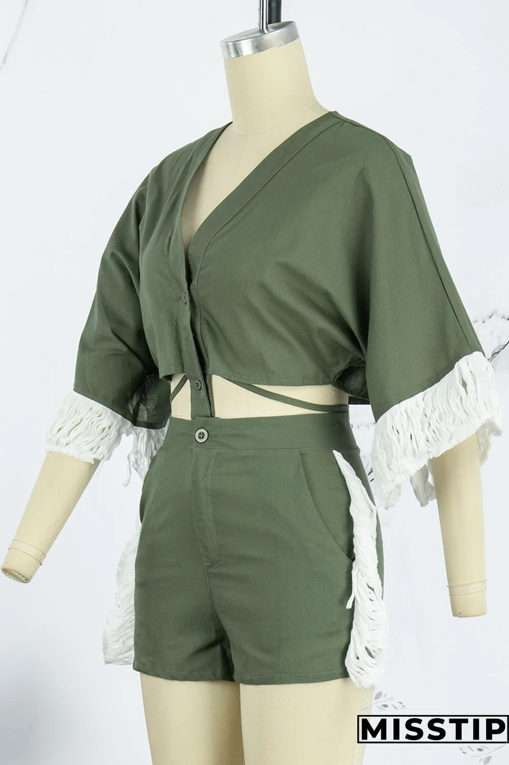 Ink Green Casual Solid Tassel Patchwork V Neck Half Sleeve Two Pieces