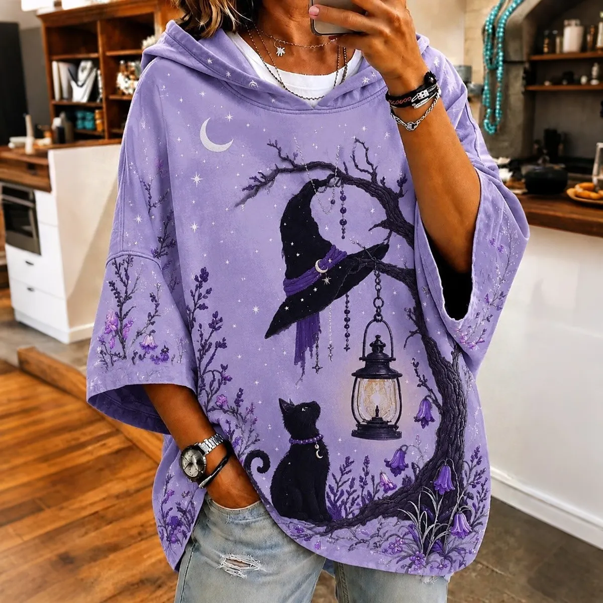 Comstylish Women's Retro Halloween Cat Witch Hat With Branch Print Loose Top
