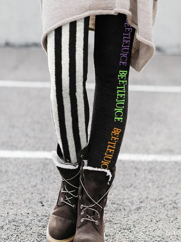 Vintage Halloween Horror Movie Embroidered Striped Contrast Leggings