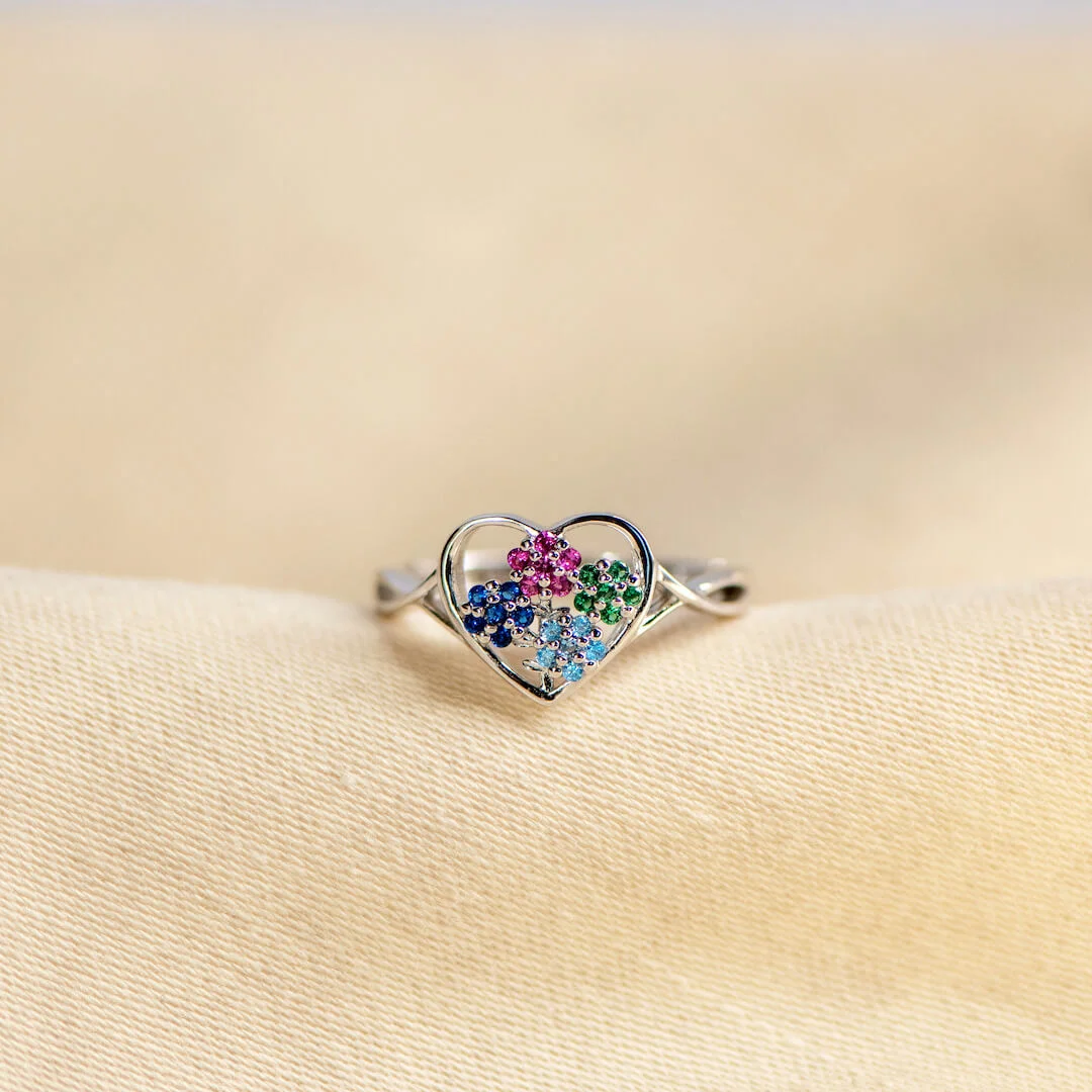 Mama's Heartbeats 1-5 Birthstones Flower Heart Ring
