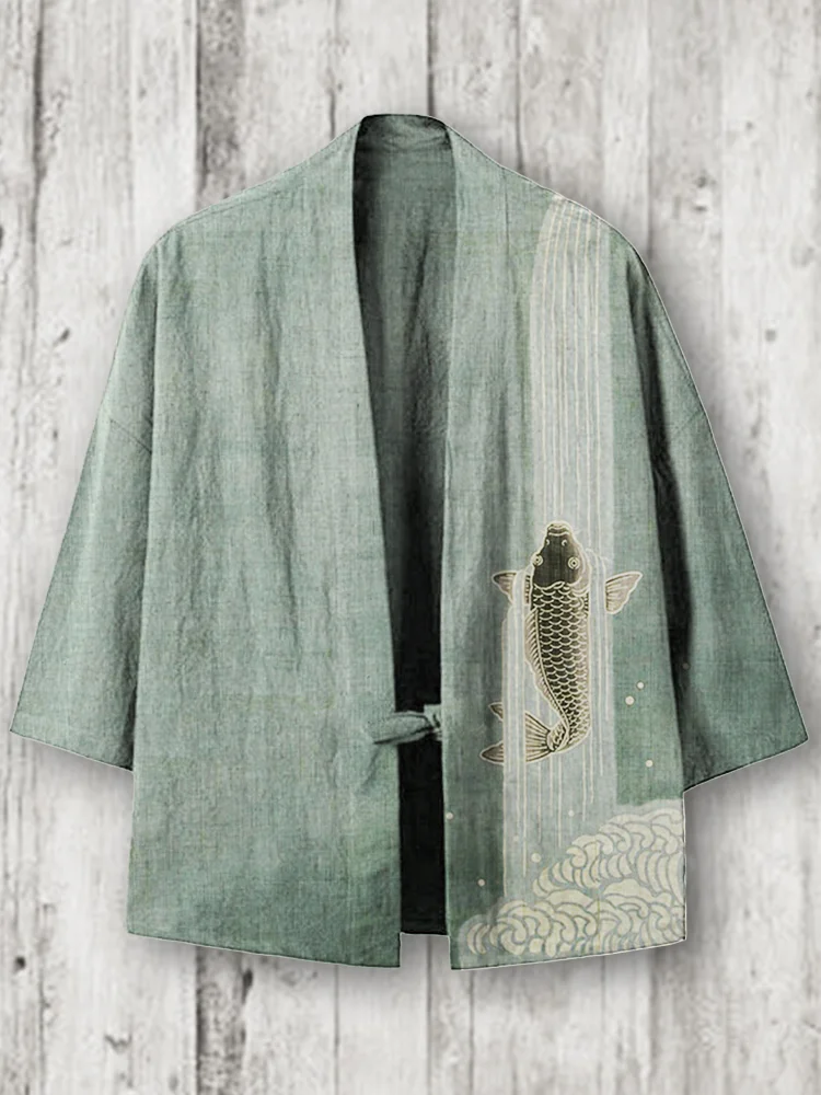 Upstream Carp Japanese Art Linen Blend Kimono Cardigan