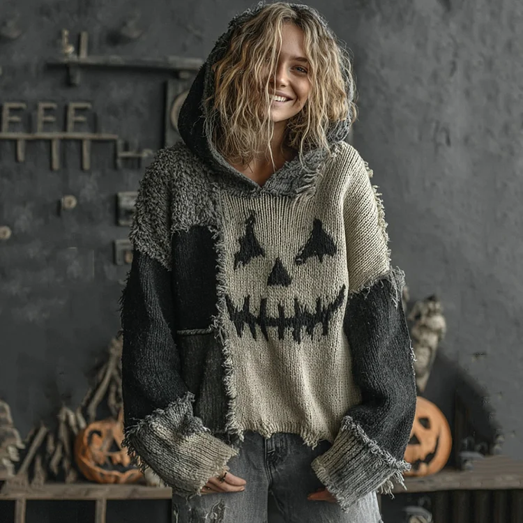 Halloween Spooky Face Contrast Stitched Hooded Cozy Knit Sweater