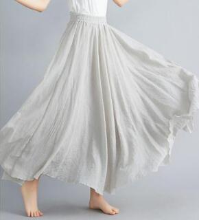 Elastic Waist Pleated Big Swing Linen Cotton Long Skirts