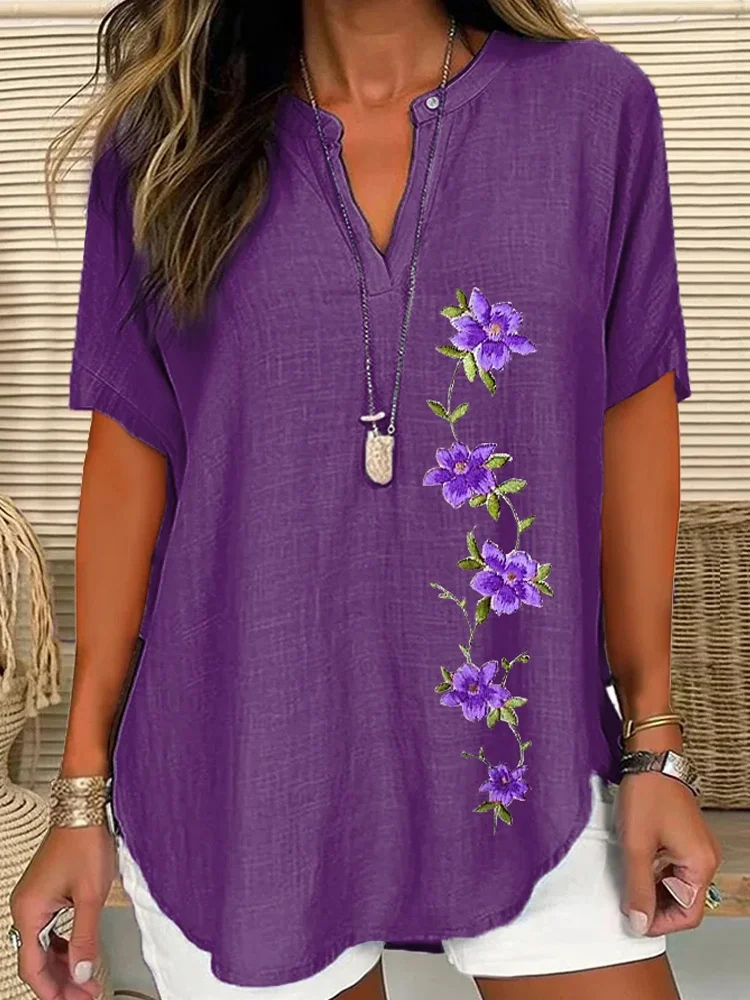 Women's Purple Flower Alzheimer's Awareness Support Short Sleeve Shirt