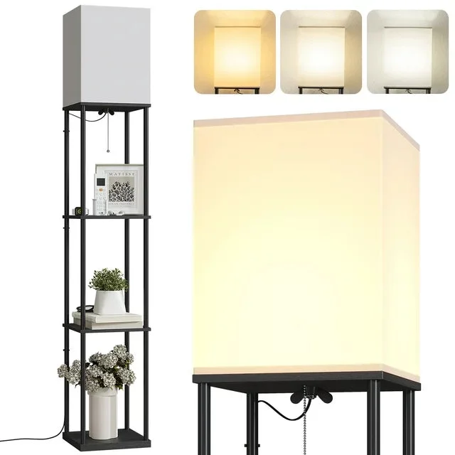AOHAO Floor Lamp with Shelves for Living Room, Standing Floor Lamp with 3 Color Temperature Bulb 64" Display Shelf, Black