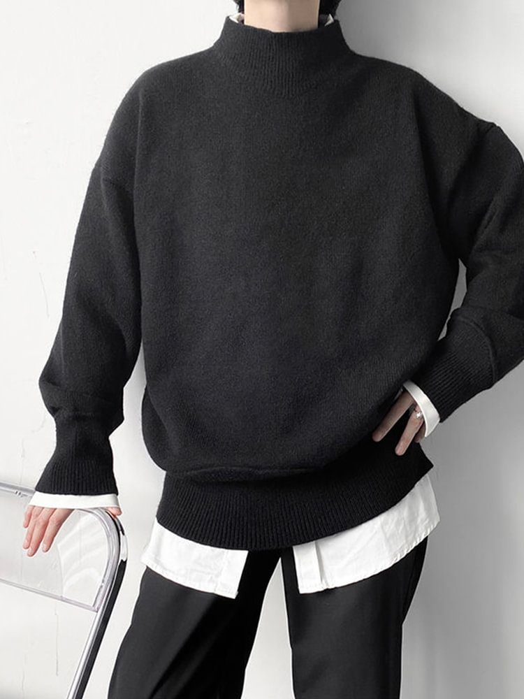 Simple Loose Solid Color Stand Collar Long Sleeve Knitted Sweater       