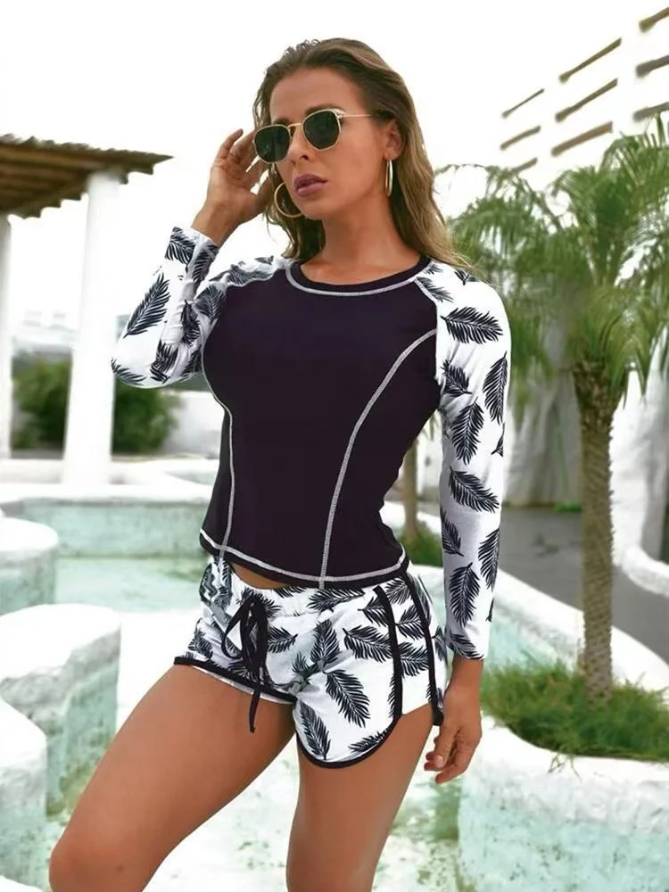 Wongn Wongn New Surf Suit Long Sleeve Anti-Diving Suit Print Flat Horn Split Body Conservative Swimsuit Woman