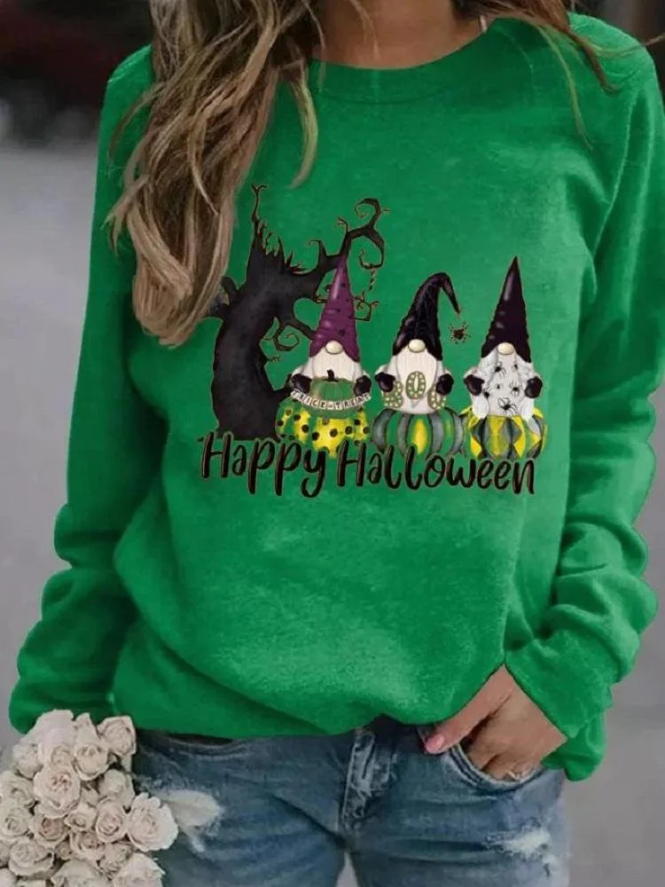 Happy Halloween Printed Long Sleeve Round Neck Blouse