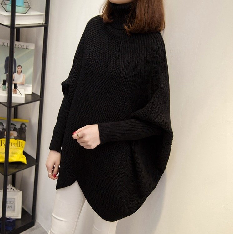 Bat Sleeve Sweater Irregular Turtleneck Split Sweater