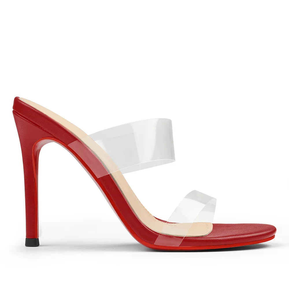 100mm Women's Sandals Red Bottom Transparent Heels Slip on Stilettos-MERUMOTE