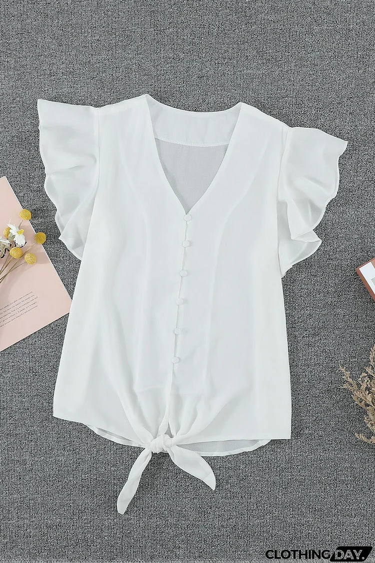 Chic White Short Sleeve Forever Tonight Button Down Tie Top