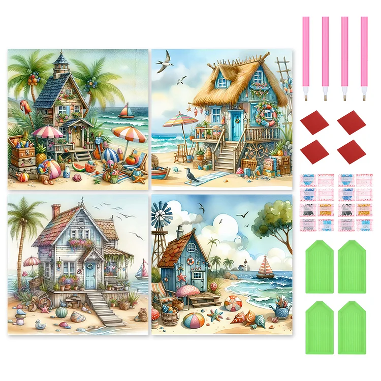 4pcs Seaside Hut 30*30cm (Canvas) Full Round Drill Diamond Painting gbfke