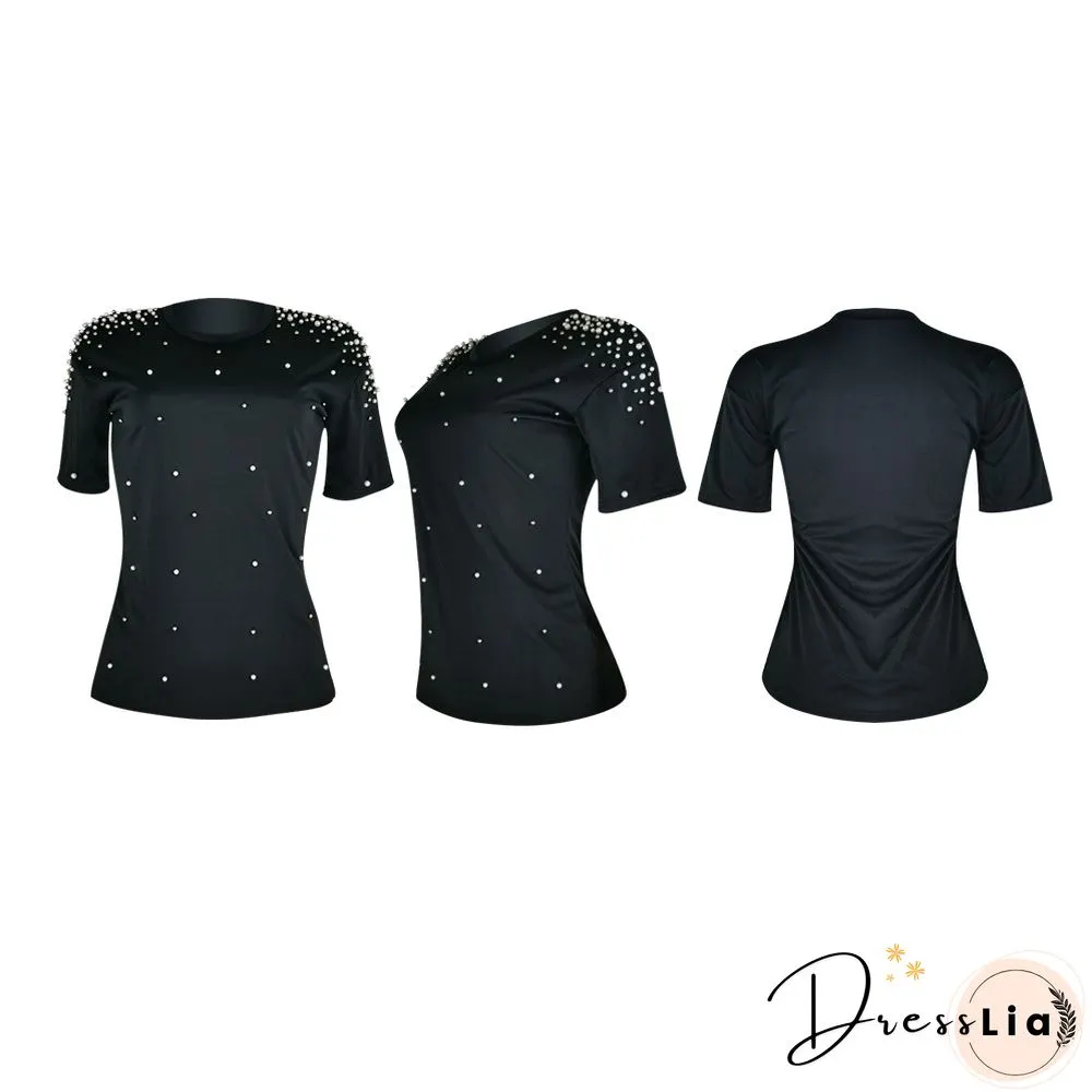 Plus Size Summer Round Neck Casual Short Sleeves Round Neck Bead Nail Decoration Women T-Shirt