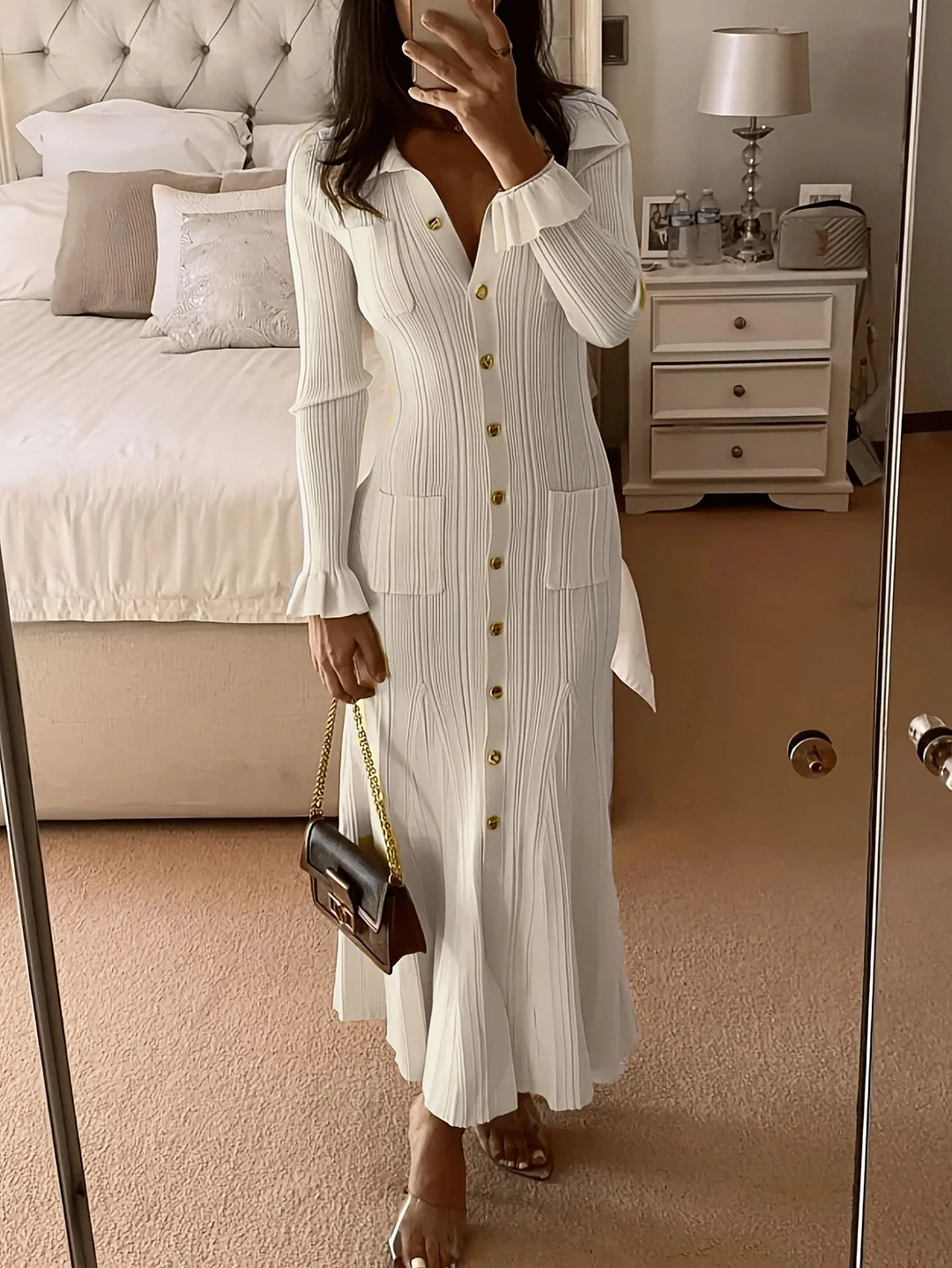 Nigikala Nigikala Collar Body Solid Temperament Elegant Knitted Dress Long Dress Autumn And Winter Women's Dress