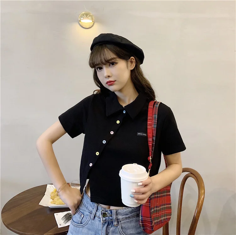 Uveng Uveng Cotton 2024 Summer New Polo Shirt Short-Sleeved T-Shirt Female Slim High Waist Lapel Short Style Student Jacket Tide