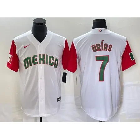 Men's Mexico Baseball #7 Julio Urias 2023 White Red World Baseball With Patch Classic Stitched Jersey NEWW