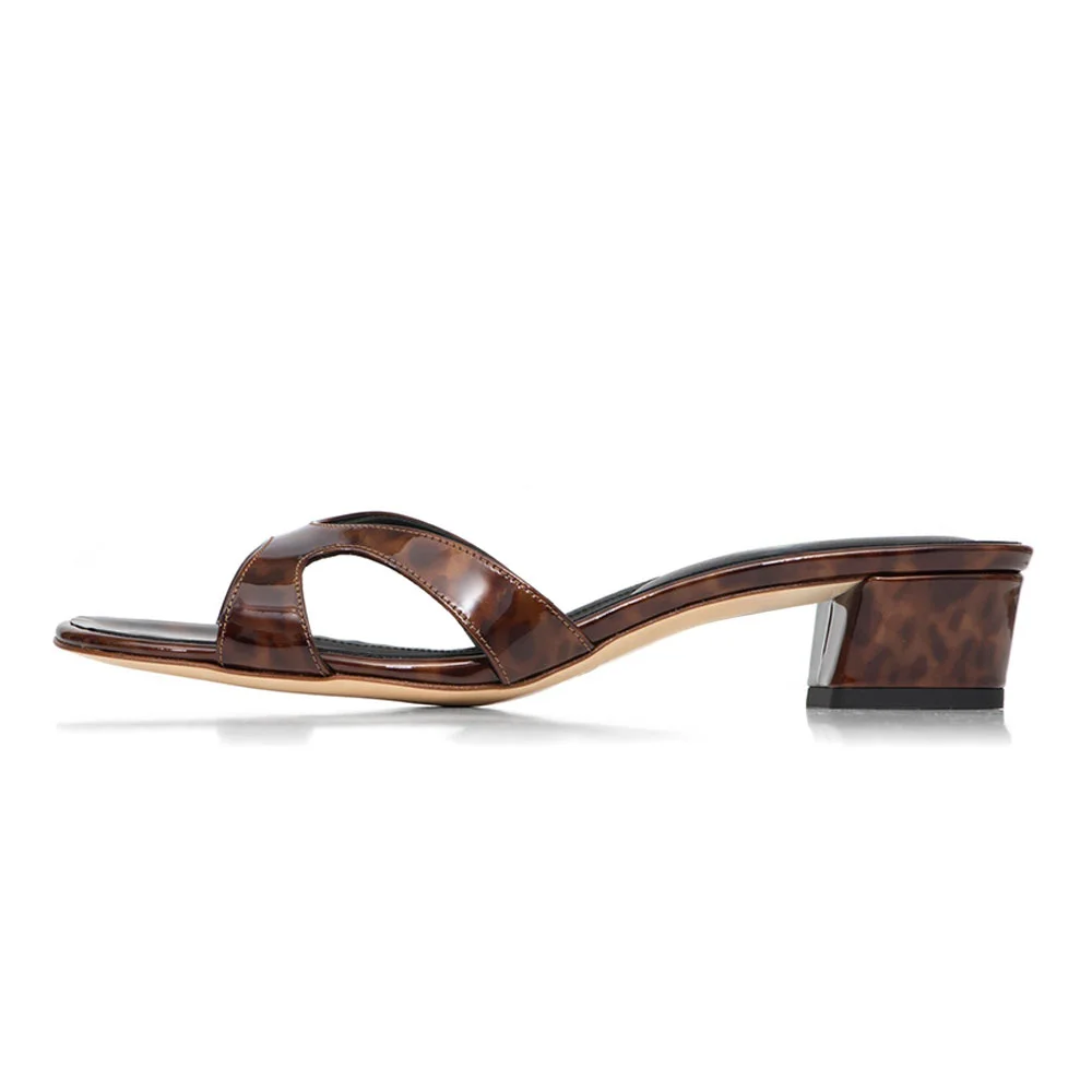 Tortoiseshell Print Open Toe Cut-Out Block Heel Mules Sandals