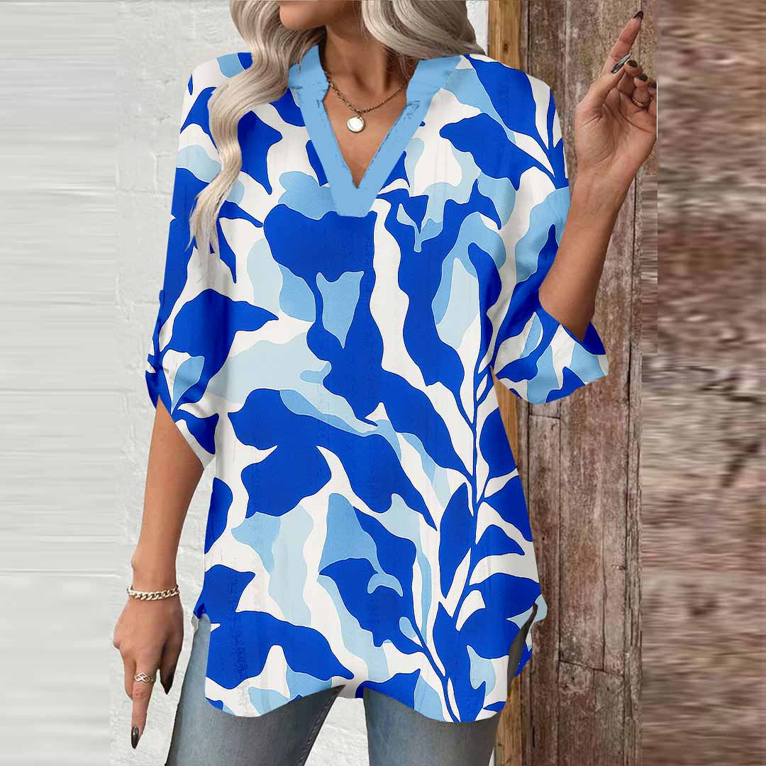 Women Floral, Blue, Leaves DZGA0120 3/4 Sleeve V-neck Printed Graphic Button Tops