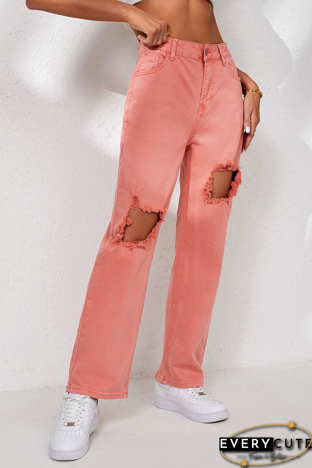 Pink High Waist Ripped Straight Leg Pocket Jeans
