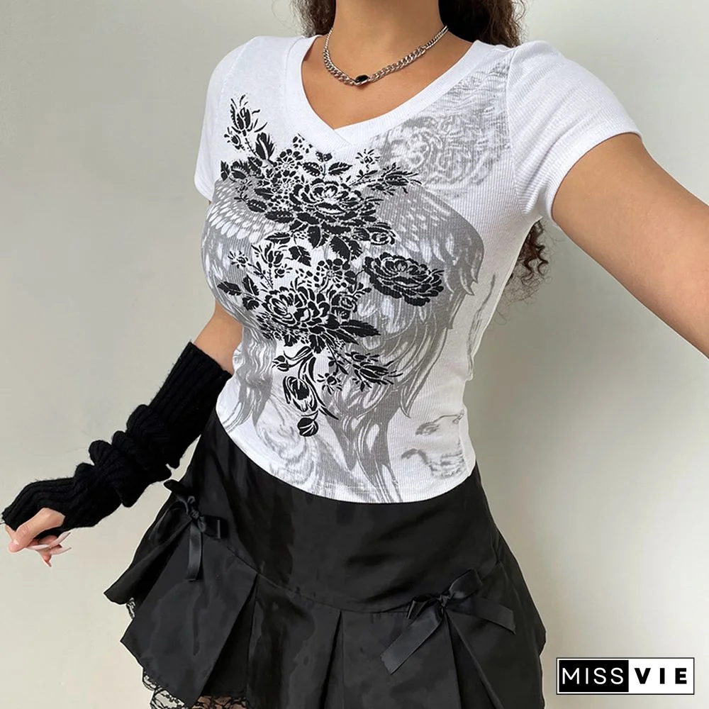 Heart Wing Graphic Printed Threaded Rhinestone Short Sleeve Shirt