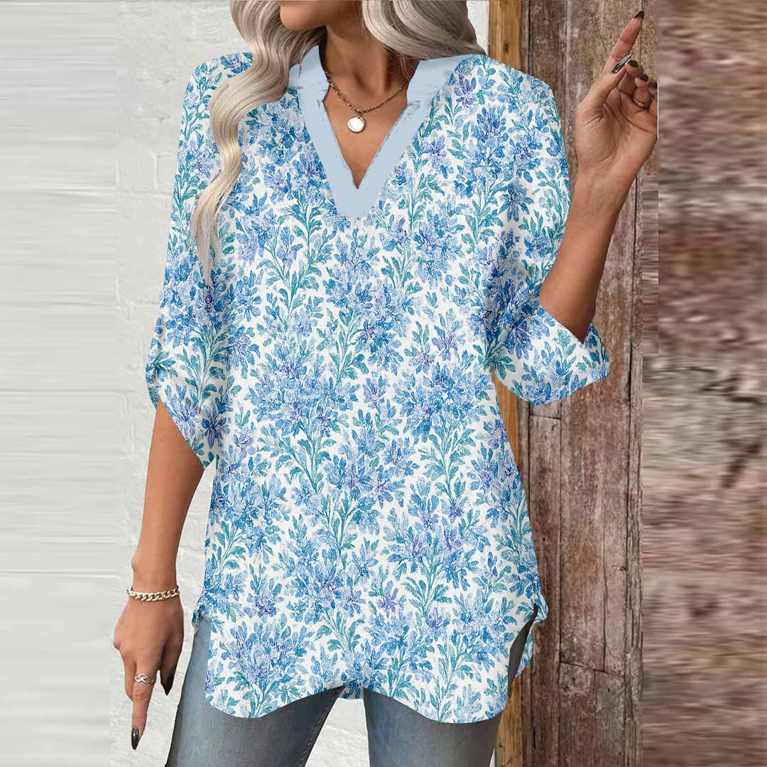 Women Floral, Blue, Green DZGA0183 3/4 Sleeve V-neck Printed Graphic Button Tops