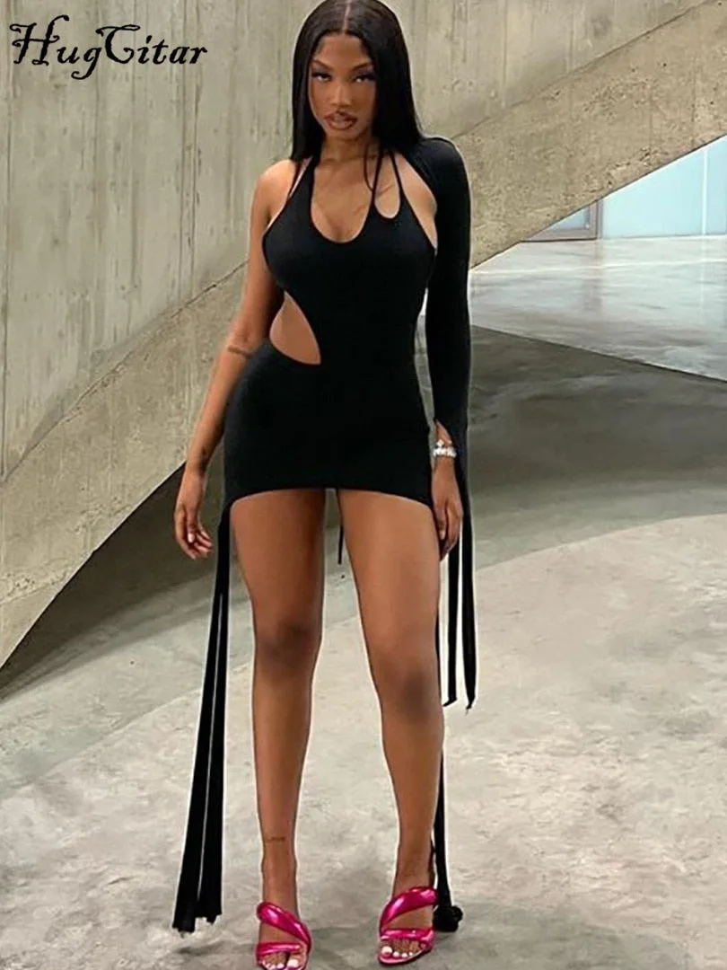 Hugcitar Strings One Shoulder Backless Hollow Out Solid Hollow Out Bandage Sexy Mini Dress Summer Women Fashion Outfits Club