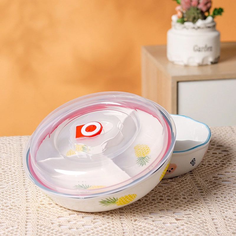 Ceramic Compartment Deep Bowl With Lid Sealed Partition Bowl Heat-resistant Microwave Oven Special Three-compartment Bowl Plate Snack Lunch Box