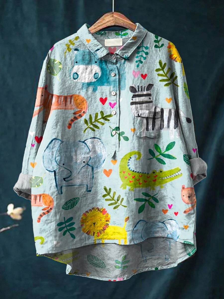 Vintage Lovely Animals Art Print Casual Cotton And Linen Shirt