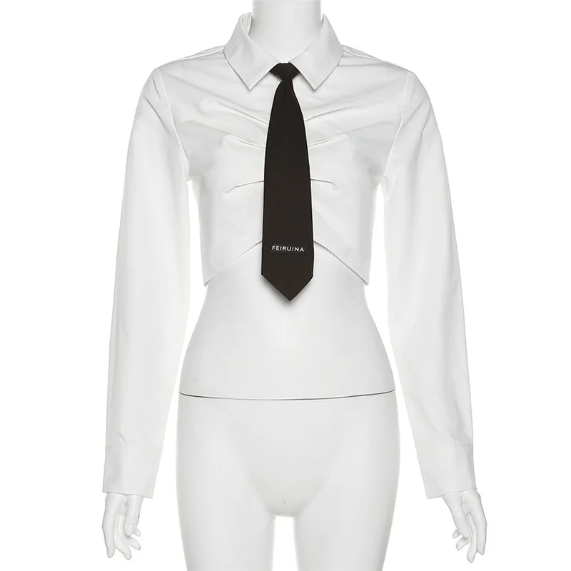 Ueong Ueong Autumn 2023 New Women's Solid Color Slim Collar Fashion Tie Crop Long Sleeve T-Shirt