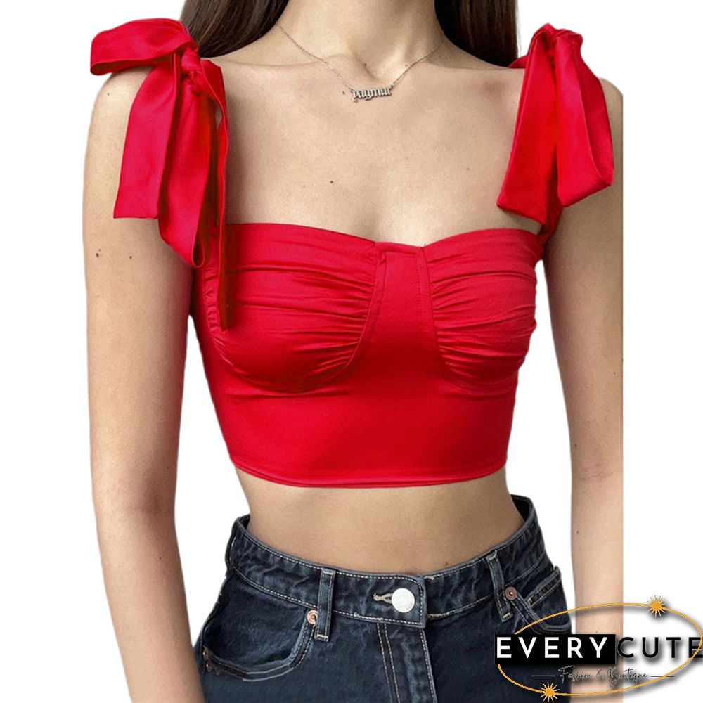 Red Lace-up Spaghetti Straps Crop Tops