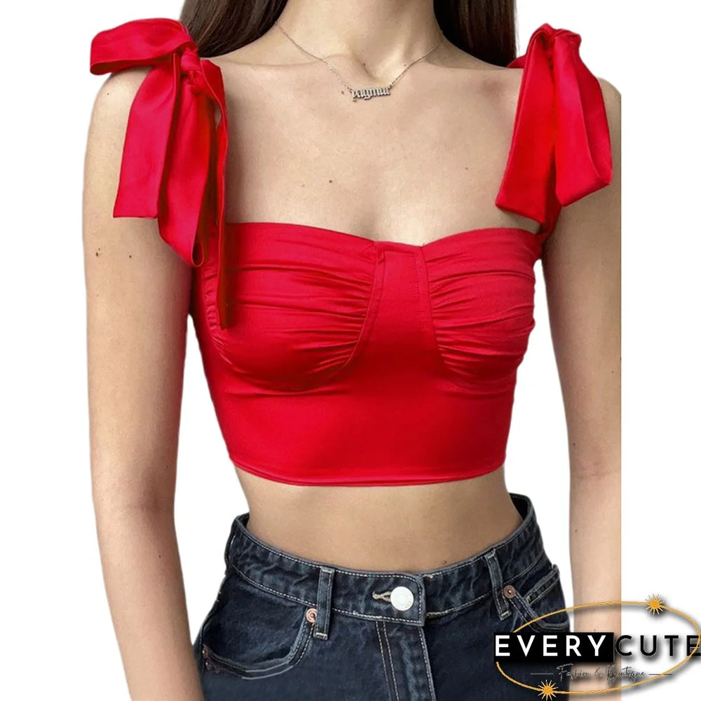 Red Lace-up Spaghetti Straps Crop Tops