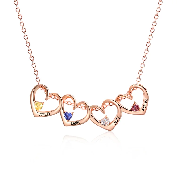 Personalisierte 4 Namen Herzförmig Halskette mit 4 Geburtssteinen