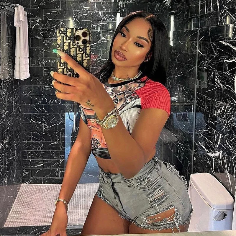 Uveng Women's Clothing 2024 Summer New Personalized Knitted Prints Fashion Open-Envested Round T-Shirt