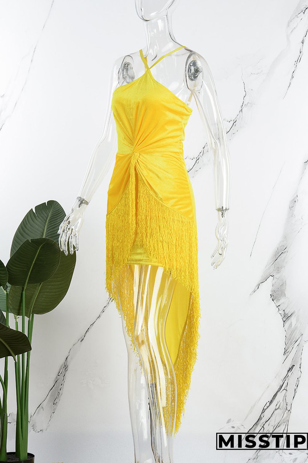 Yellow Sexy Solid Tassel Patchwork Backless Spaghetti Strap Irregular Dress Dresses