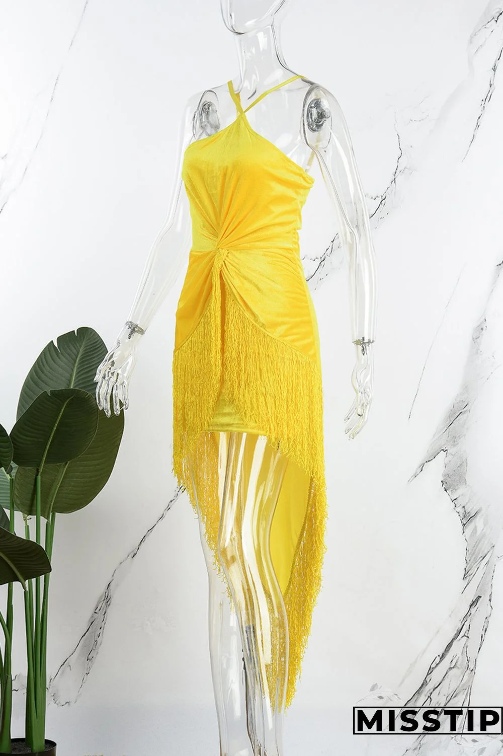 Yellow Sexy Solid Tassel Patchwork Backless Spaghetti Strap Irregular Dress Dresses