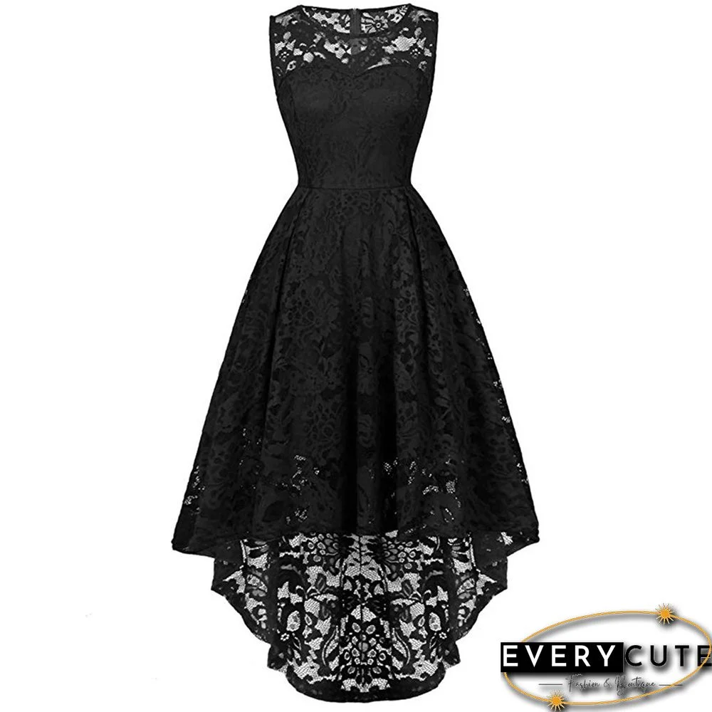 Black Sleeveless High Low Lace Evening Dress