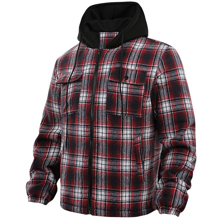 Men's Outdoor Retro Plaid Print Fleece Thermal Hooded Shirt Jacket