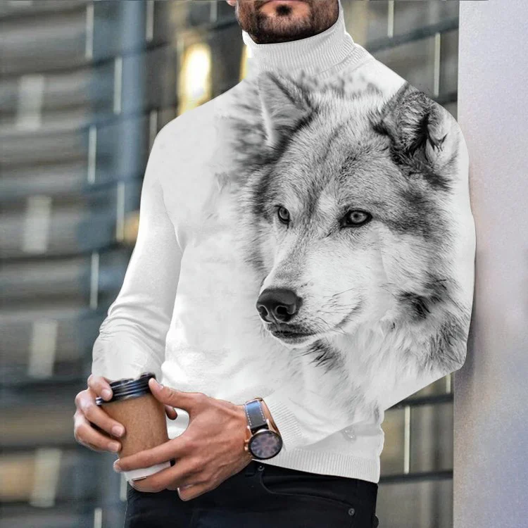Men's Casual Wolf Print Long Sleeve Turtleneck Top