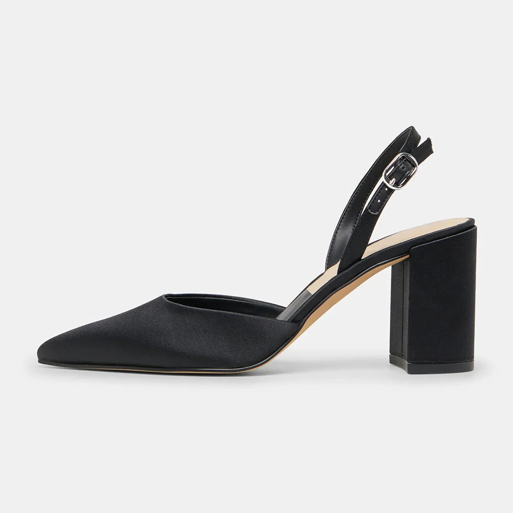 Satin Pointed Toe Block High Heel Slingback Black Pumps for Women