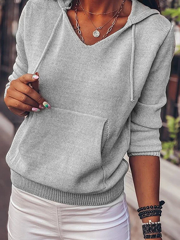 Women Solid Color Long Sleeve Hooded Casual Sweater With Pocket