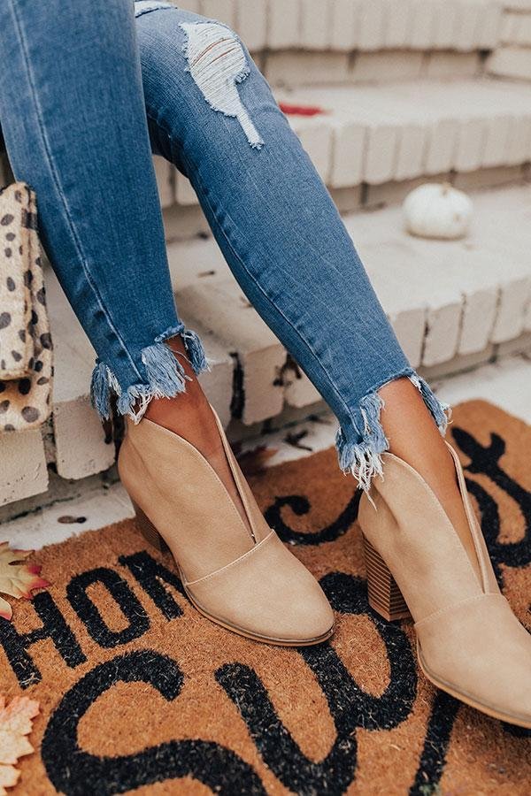 Women V Cut Out Booties Pointed Toe Chunky Heel Boots Slip On Ankle Boots