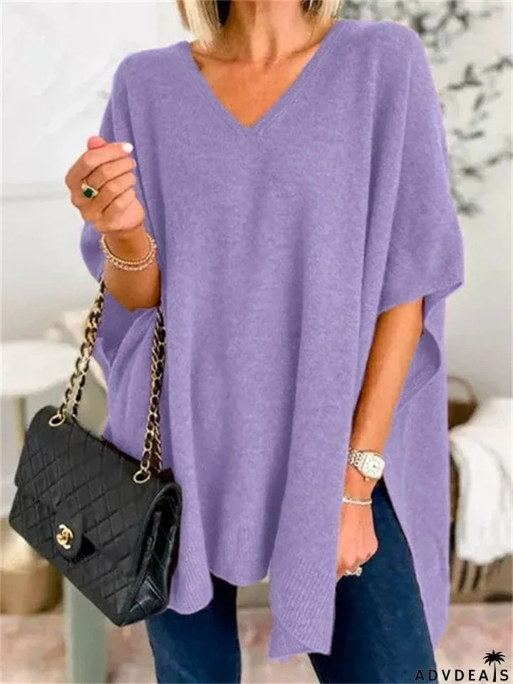Chic V-neck Loose Knitted Poncho Sweater for Women