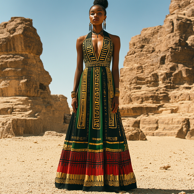 VChics Women's Vintage African Tribal Geometric Print V Neck Dress