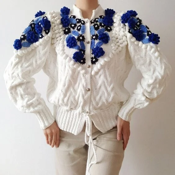 Vintage 80s embroidered 3d flowery folk sweater cardigan